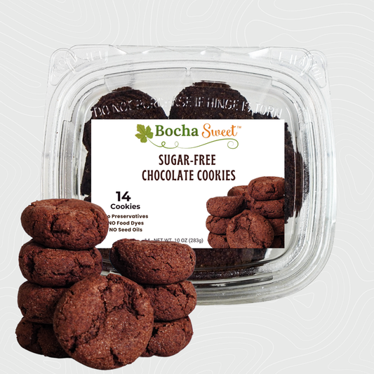 Packaged sugar-free chocolate cookies with Bocha Sweet label on a white background