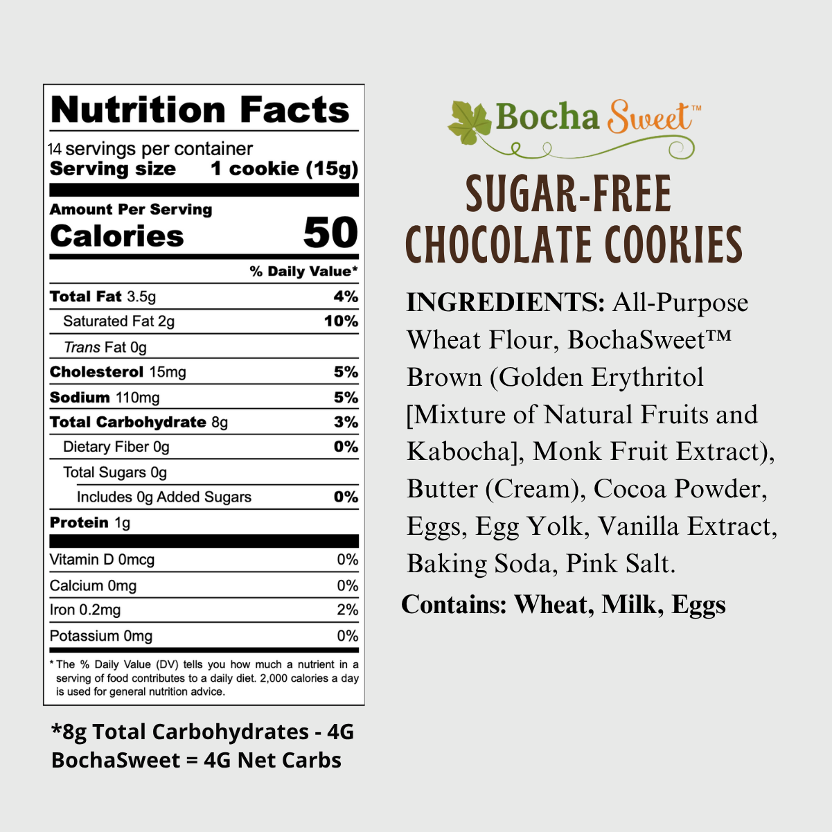 Nutrition facts and ingredients label for BochaSweet sugar-free chocolate cookies.