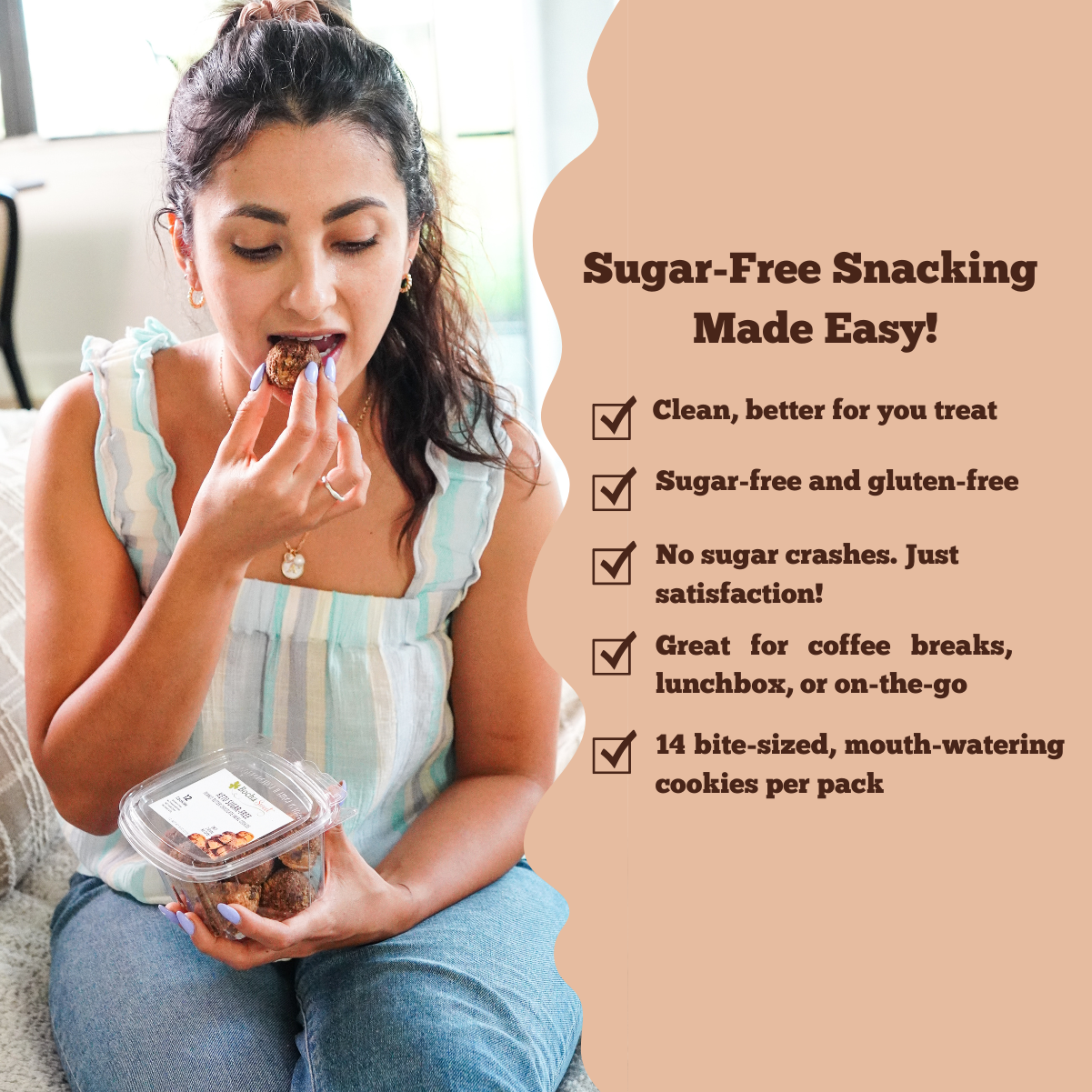 Woman eating a sugar-free snack with product packaging and promotional text on a beige background