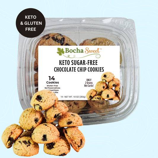Packaged keto sugar-free chocolate chip cookies with Bocha Sweet branding on a light blue background.
