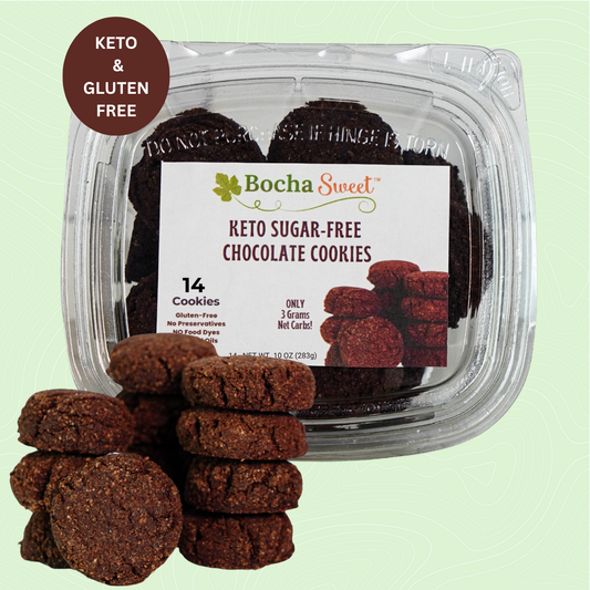 Pack of Bocha Sweet keto sugar-free chocolate cookies on a light green background
