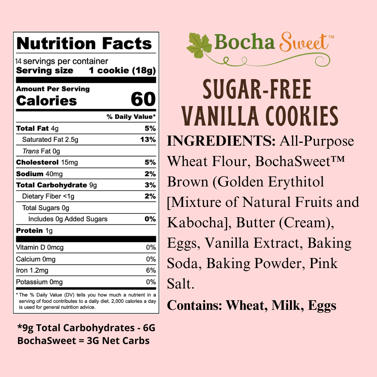 Nutrition facts and ingredients label for BochaSweet sugar-free vanilla cookies on a pink background