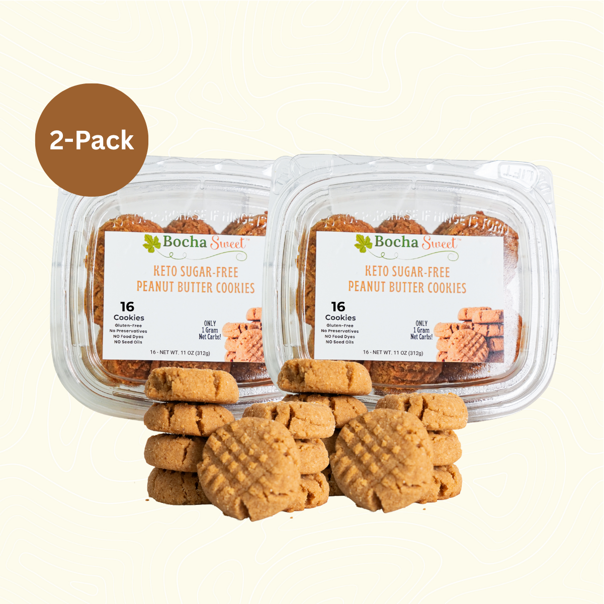 Two packages of Bocha Sweet keto sugar-free peanut butter cookies on a white background