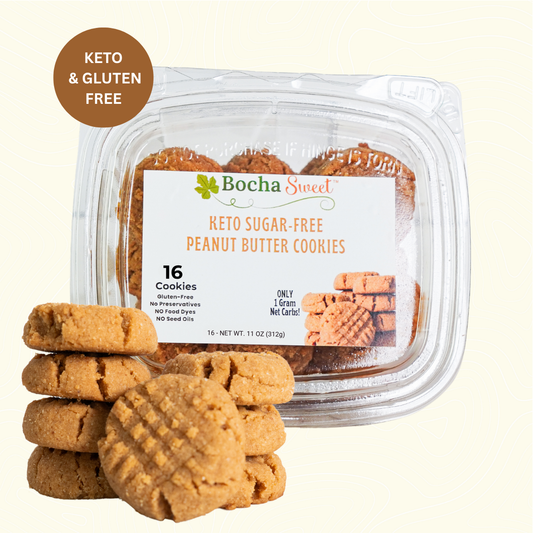 Packaged keto peanut butter cookies with Bocha Sweet branding on a white background