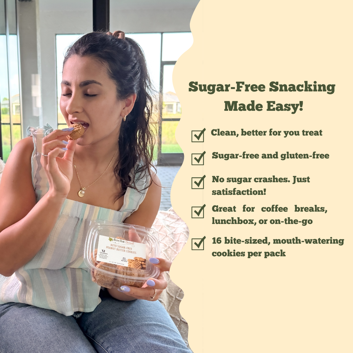 Woman eating a cookie with a container of cookies, surrounded by text about sugar-free snacking.