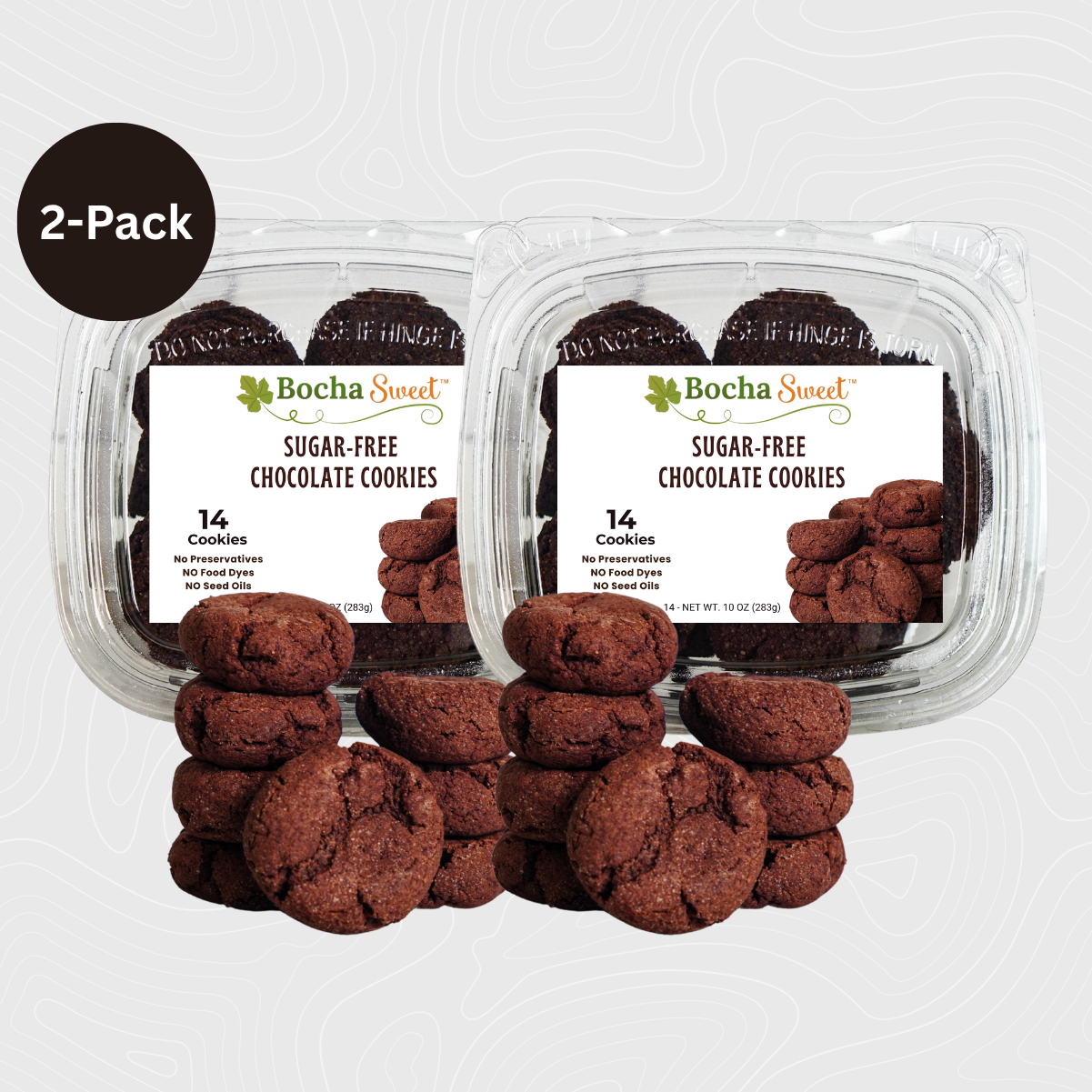 Two packages of Bocha Sweet sugar-free chocolate cookies on a white background