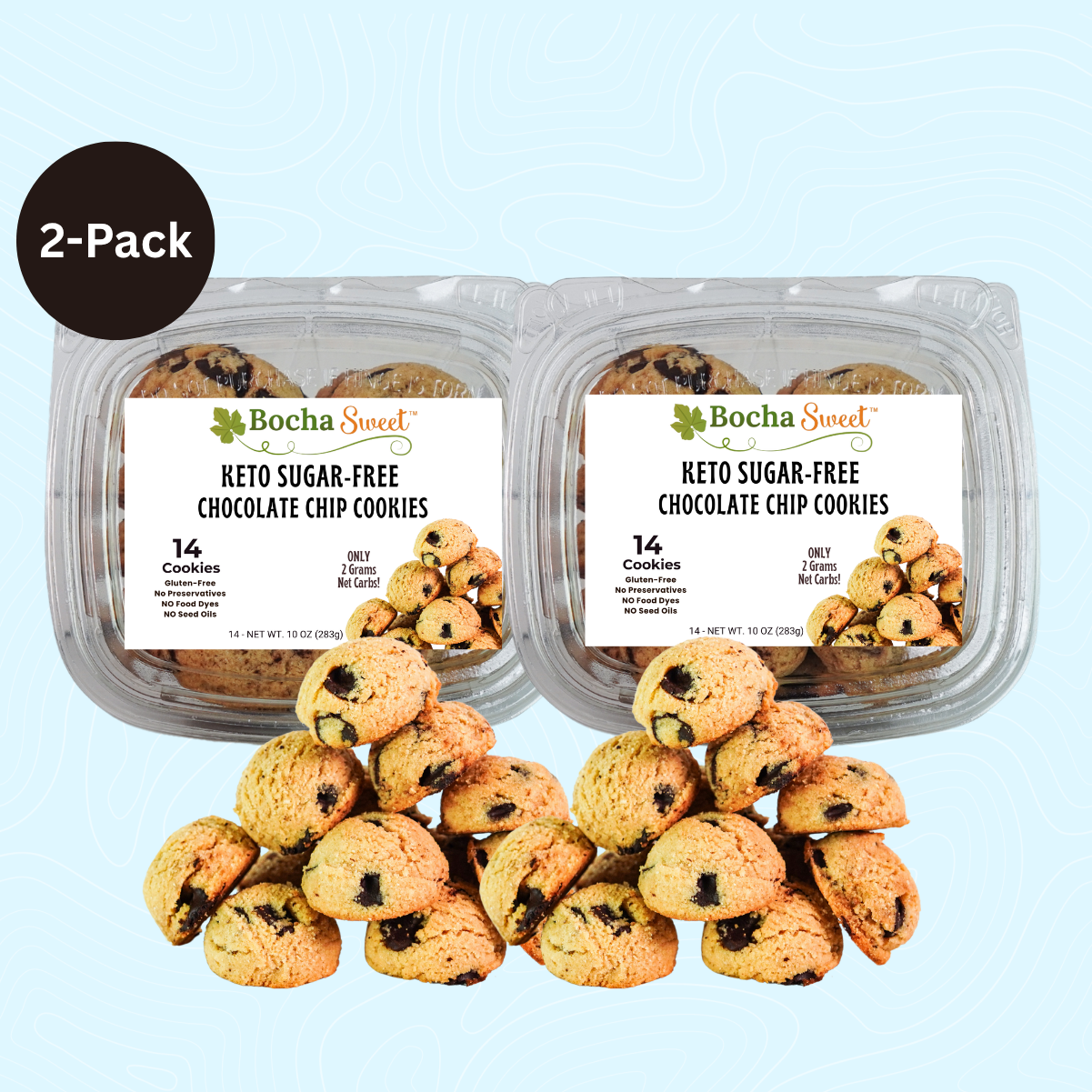 Two packages of Bocha Sweet keto sugar-free chocolate chip cookies on a light blue background.