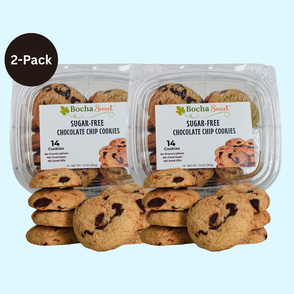 Two packages of Bocha Sweet sugar-free chocolate chip cookies with additional cookies in front on a light blue background.