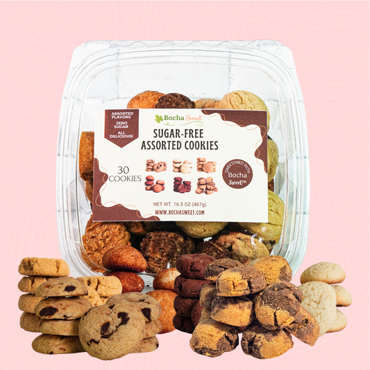 Packaged assorted sugar-free cookies with a Bocha Sweet label on a pink background