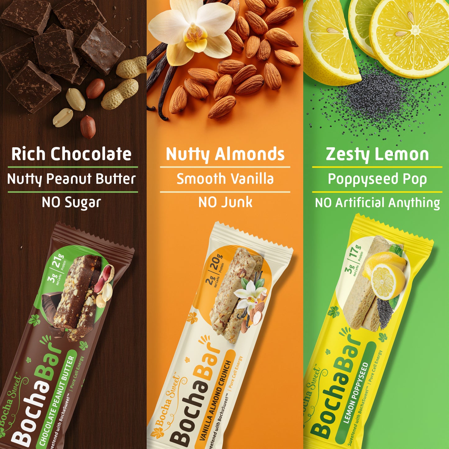 BochaBar product carousel showcasing three delicious and nutritious flavors: Chocolate Peanut Butter, Vanilla Almond Crunch, and Lemon Poppyseed. Each bar highlights clean ingredients and unique benefits, such as being sugar-free, free of artificial additives, and loaded with natural flavors like nutty peanut butter, smooth vanilla, and zesty lemon with poppy seeds. Perfect for health-conscious snacking and on-the-go energy.
