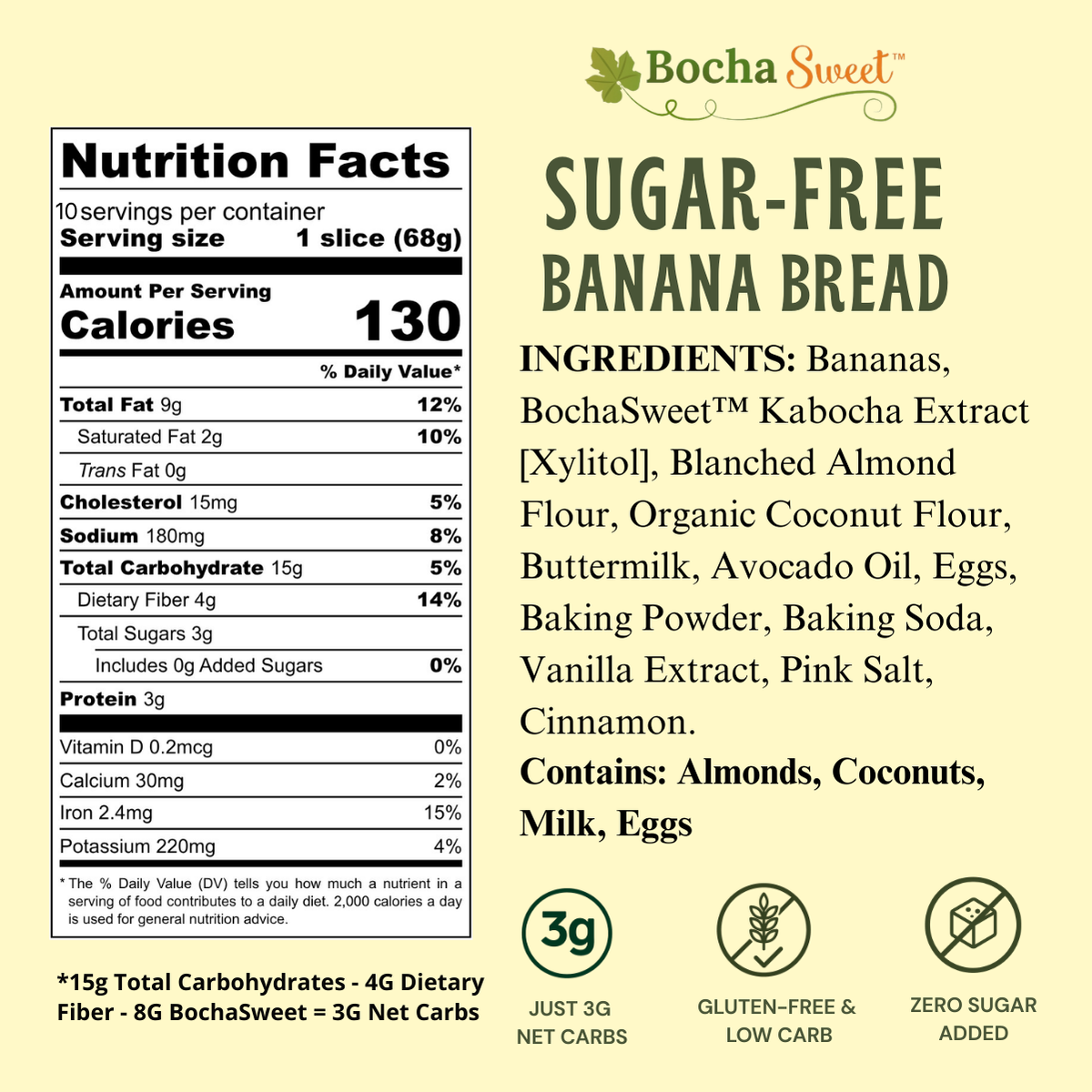 Nutrition facts and ingredients label for Bocha Sweet sugar-free banana bread.