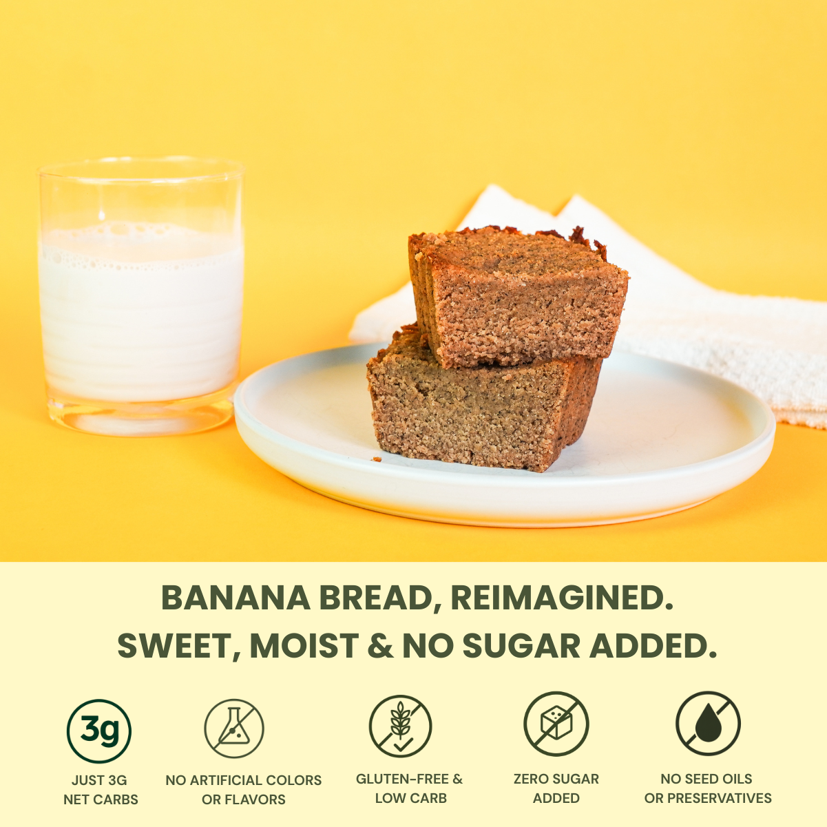 Sugar-free keto banana bread made with real ingredients, gluten-free, low carb, and no seed oils or preservatives, featured with a glass of milk on a yellow background.