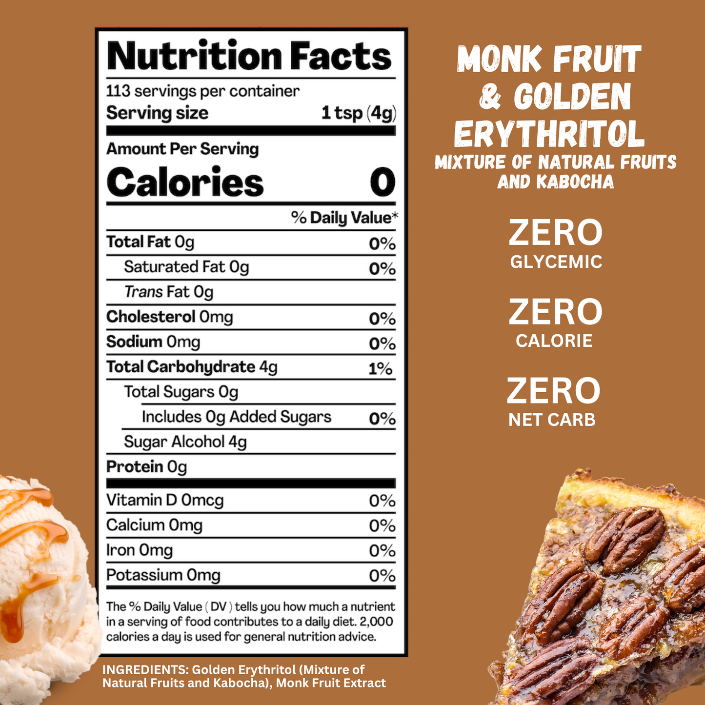 BochaSweet brown sugar replacement nutrition facts with zero calories, zero glycemic, zero net carbs, made from monk fruit and golden erythritol