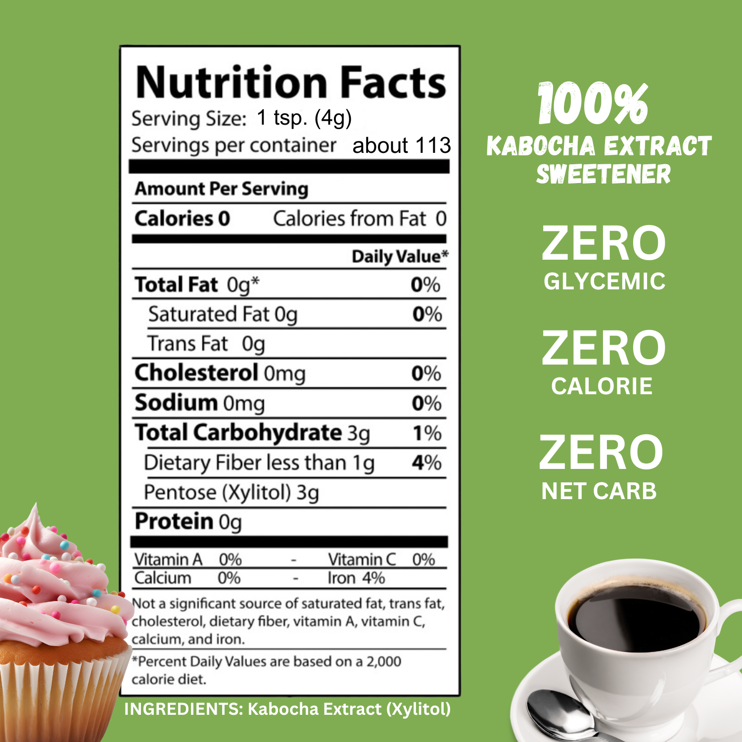 BochaSweet granular sugar replacement nutrition facts showing zero calories, zero glycemic, zero net carbs, made from kabocha extract (xylitol)