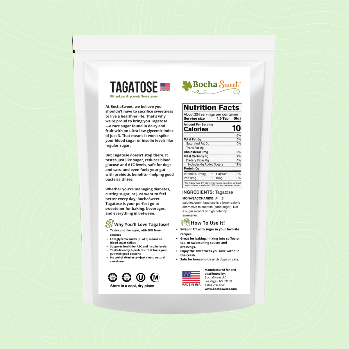 BochaSweet Tagatose nutrition facts and ingredients panel – prebiotic sugar replacement for healthy baking and beverages