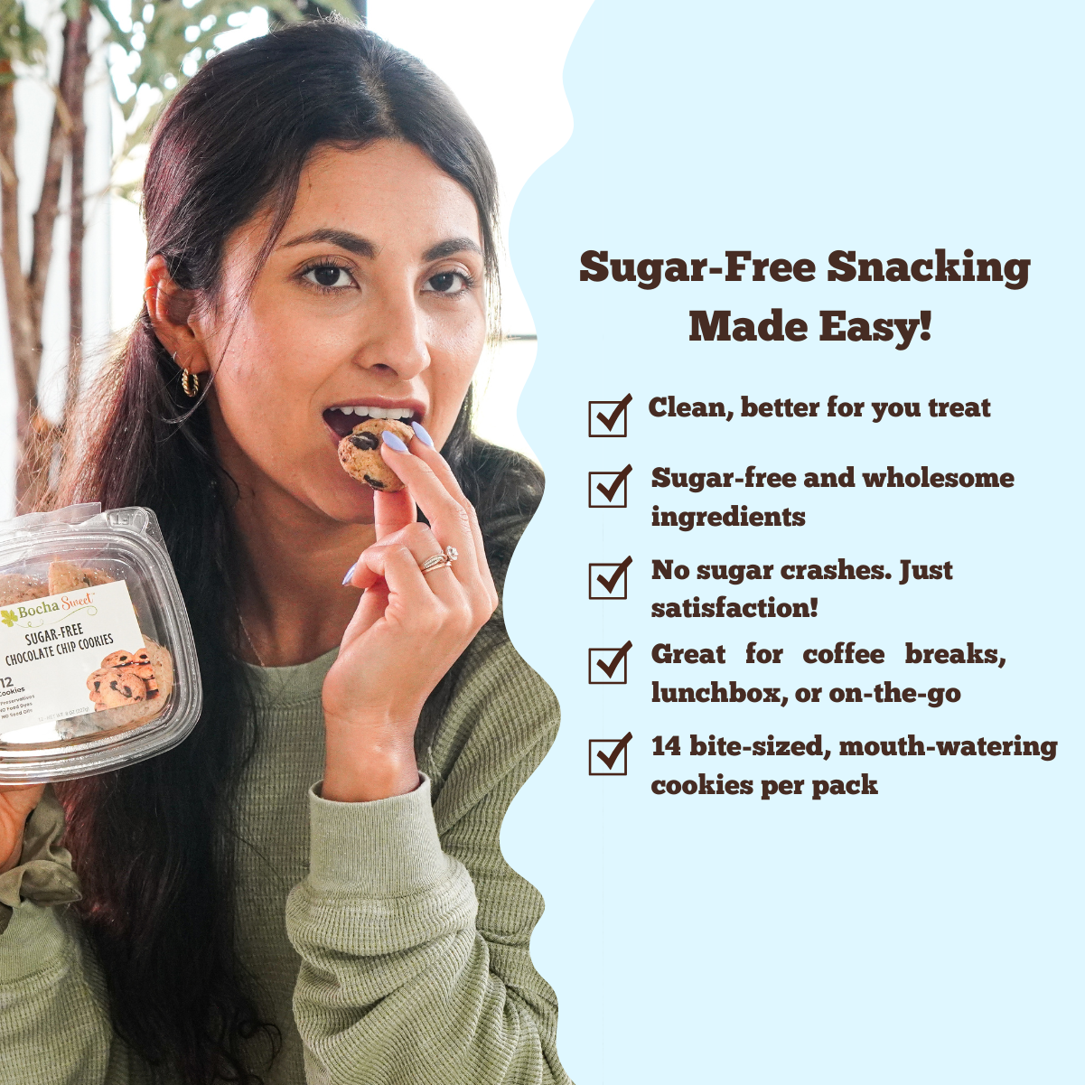 Woman eating a cookie with a container of cookies, surrounded by text about sugar-free snacking.
