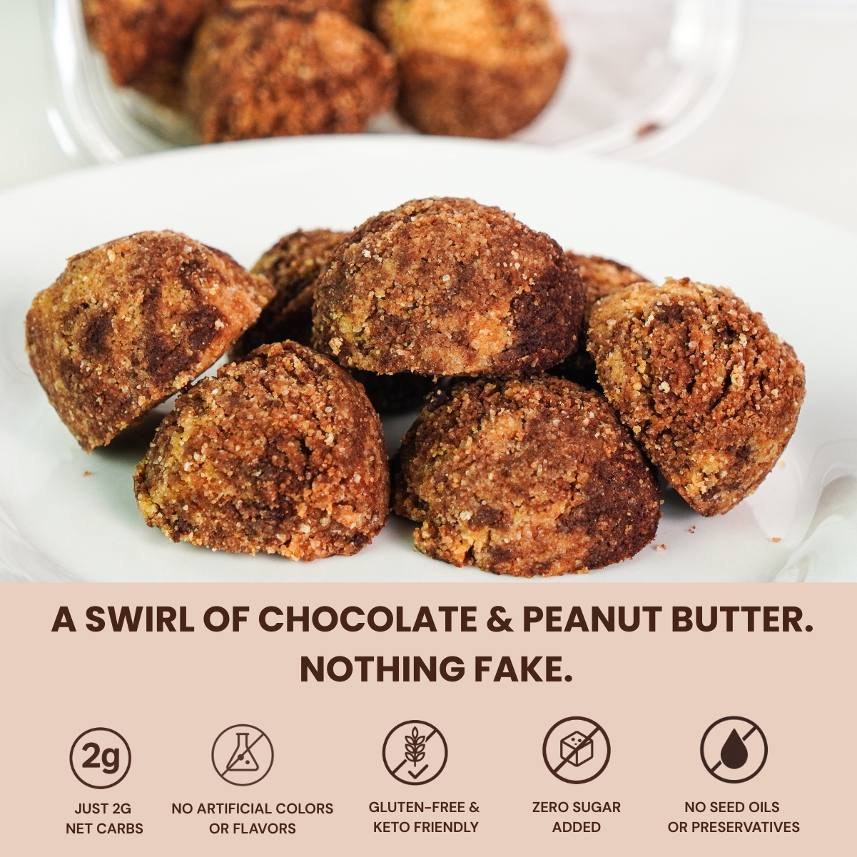 Sugar-free chocolate peanut butter swirl keto cookies on a white plate with clean ingredients icon overlay including 2g net carbs, gluten-free, zero sugar added, and no artificial colors or seed oils. Perfect for low carb, diabetic-friendly, and healthy snacking.