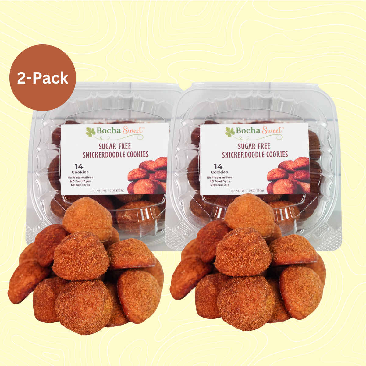 Two packages of Bocha Sweet sugar-free snickerdoodle cookies on a light yellow background.