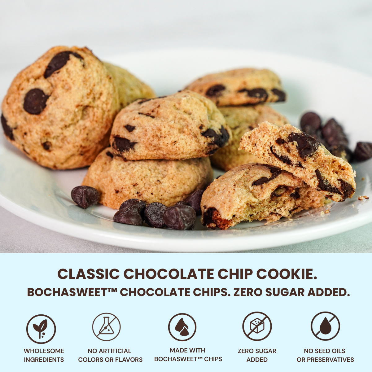 Plate of soft-baked sugar-free chocolate chip cookies with BochaSweet chips, surrounded by clean ingredient and no sugar added icons