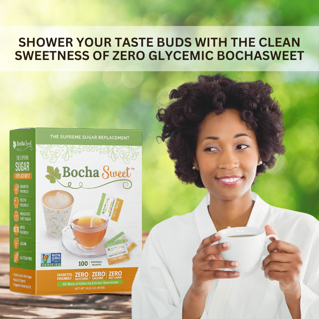 Woman drinking coffee with BochaSweet Granular Sweetener Packets - Keto-friendly, Zero Glycemic, Zero Calories, and Zero Net Carbs. The Supreme Sugar Replacement, measures like sugar and made from Kabocha Extract. Discover the sweet secret of Japan.