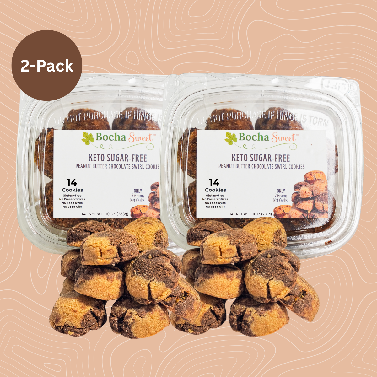 Two packages of Bocha Sweet keto sugar-free peanut butter chocolate chip cookies on a beige background.