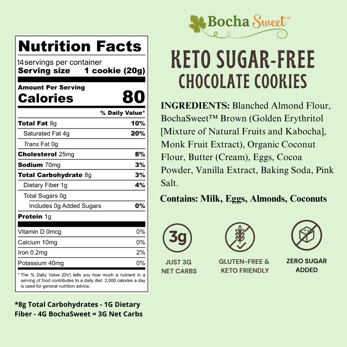Nutrition facts and ingredients label for Bocha Sweet keto sugar-free chocolate cookies on a light green background.