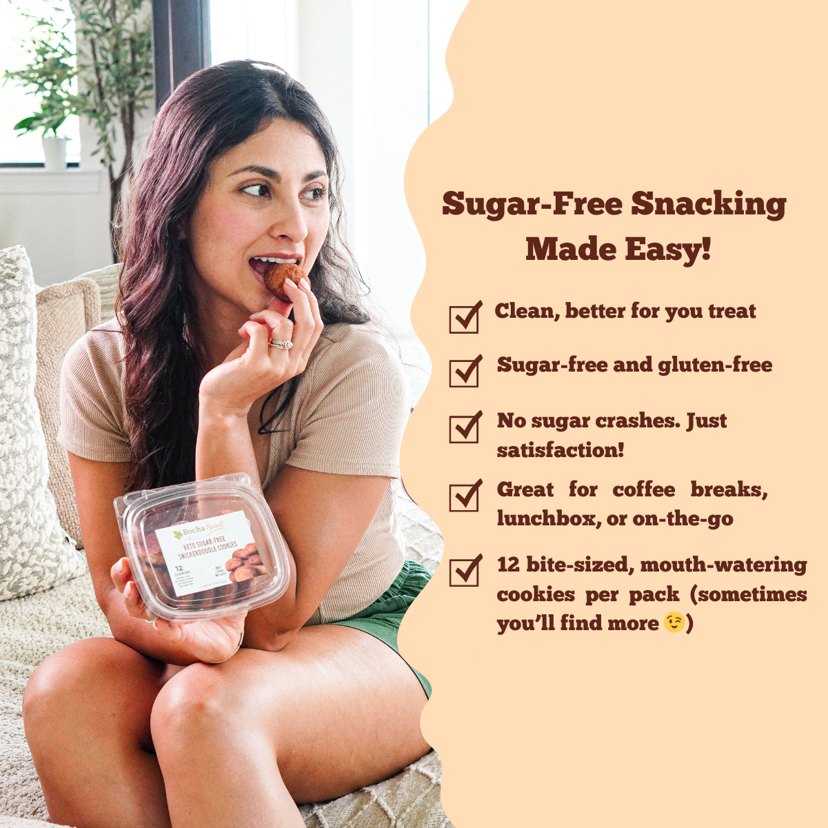 Woman enjoying BochaSweet keto snickerdoodle cookies. Sugar-free, gluten-free, and perfect for on-the-go snacking.