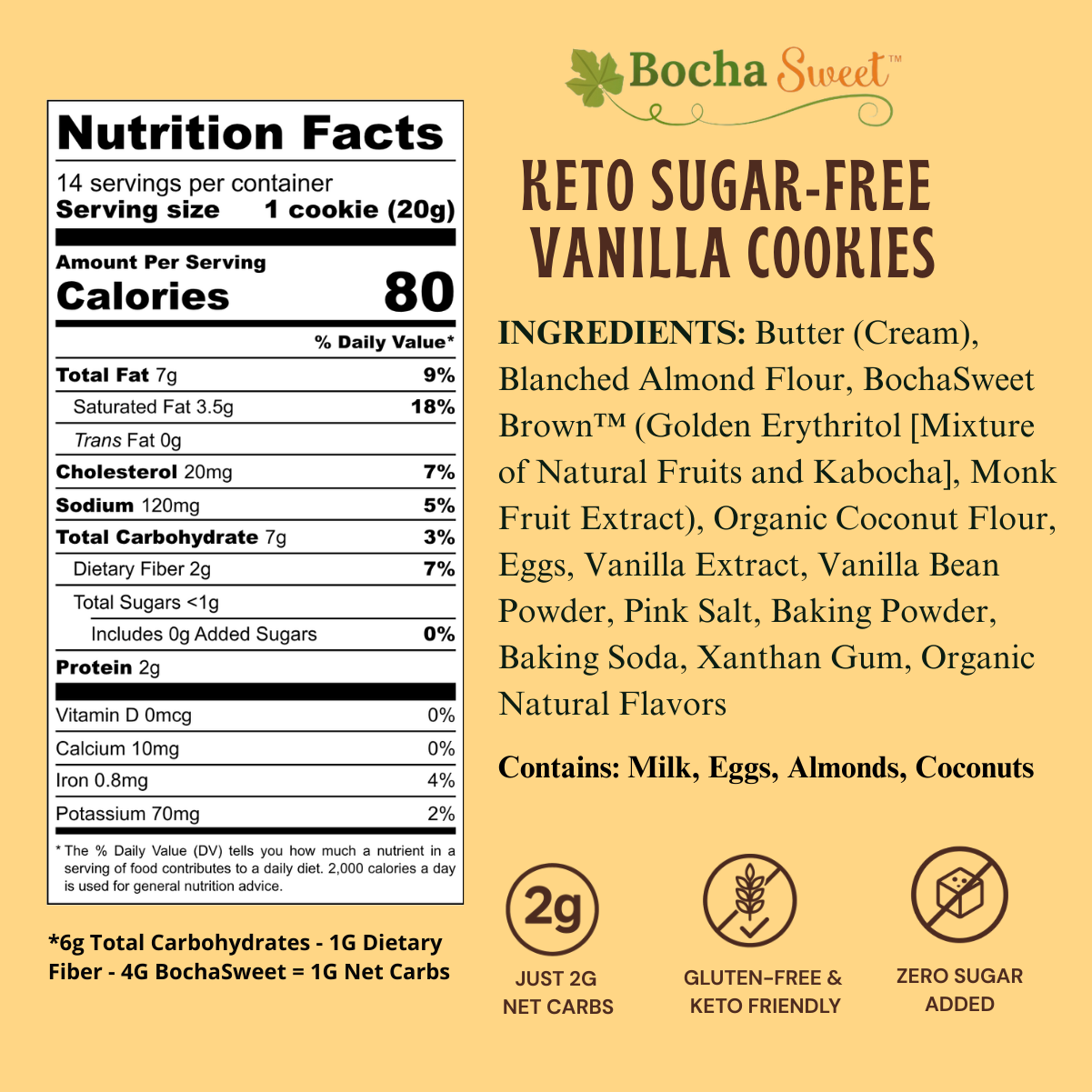 Nutrition facts and ingredients label for BochaSweet keto sugar-free vanilla cookies on a yellow background.