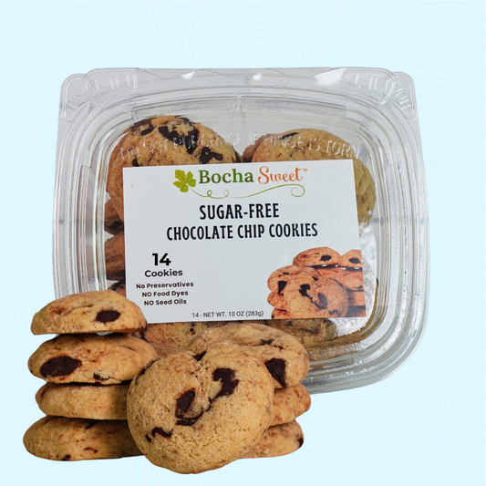 Packaged sugar-free chocolate chip cookies with Bocha Sweet label on a light blue background