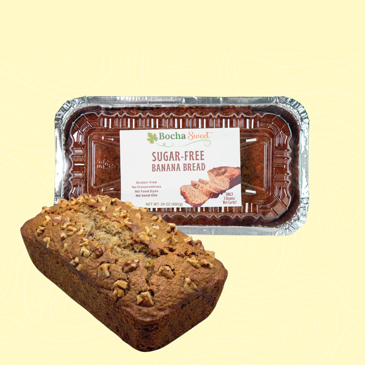 Loaf of banana bread in front of a Bocha Sweet branded container on a light yellow background