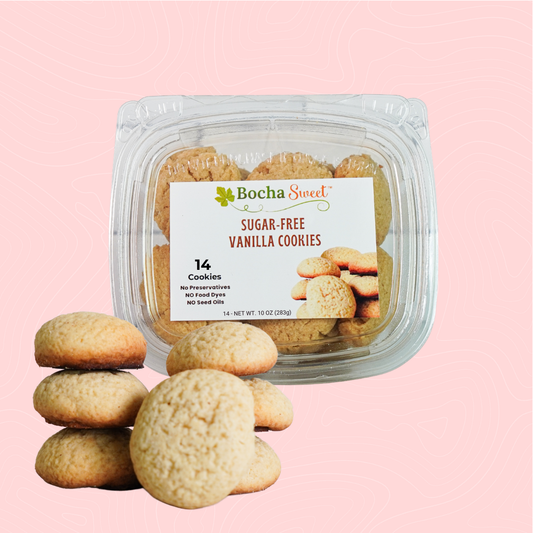 Packaged sugar-free vanilla cookies with a pink background