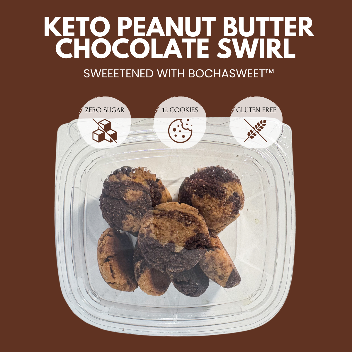 A clear plastic container filled with Keto Peanut Butter Chocolate Swirl Cookies, featuring a mix of peanut butter and chocolate swirls. The packaging design has a brown background with bold white text that reads "KETO PEANUT BUTTER CHOCOLATE SWIRL", followed by "SWEETENED WITH BOCHASWEET™". Three circular icons highlight the product's key attributes: Zero Sugar, 9 Pack, and Gluten-Free. The cookies inside appear slightly crunchy on the outside with a soft interior, showcasing their rich peanut butter 