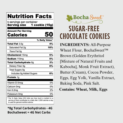 Nutrition facts and ingredients label for BochaSweet sugar-free chocolate cookies.