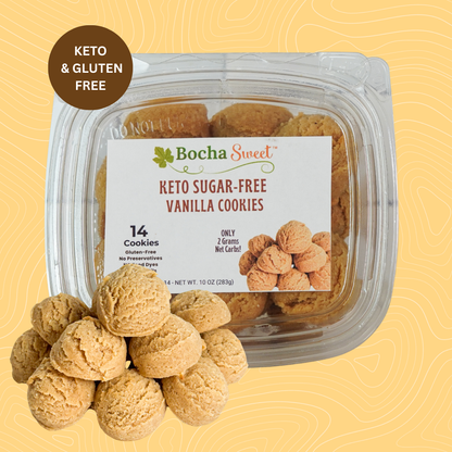Packaged keto sugar-free vanilla cookies with Bocha Sweet label on a yellow background