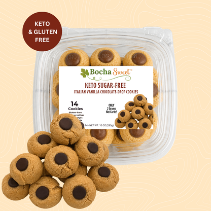 Bocha Sweet Keto Sugar-Free Italian Vanilla Chocolate-Drop Cookies in a clear plastic tub with a white label, shown with several cookies piled in front on a light beige background. A brown badge in the top left reads 'KETO & GLUTEN FREE'.