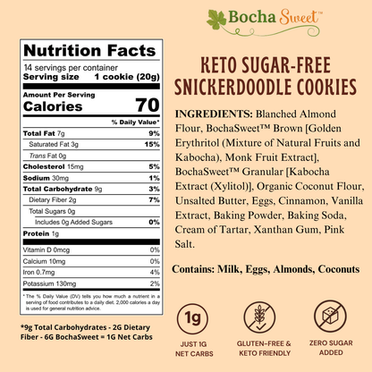 Nutrition facts and ingredients label for Bocha Sweet keto sugar-free snickerdoodle cookies.