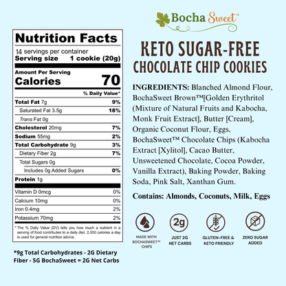 Nutrition facts and ingredients list for Bocha Sweet keto sugar-free chocolate chip cookies.