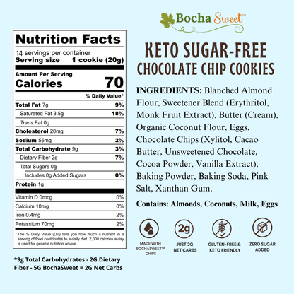 Bocha Sweet Keto Sugar-Free Chocolate Chip Cookies nutrition facts label and product information on a light blue background. The label shows a serving size of 1 cookie (20g), 70 calories, and lists ingredients including almond flour, sweetener blend, butter, chocolate chips, cocoa powder, vanilla extract, baking powder, baking soda, pink salt, and xanthum gum.