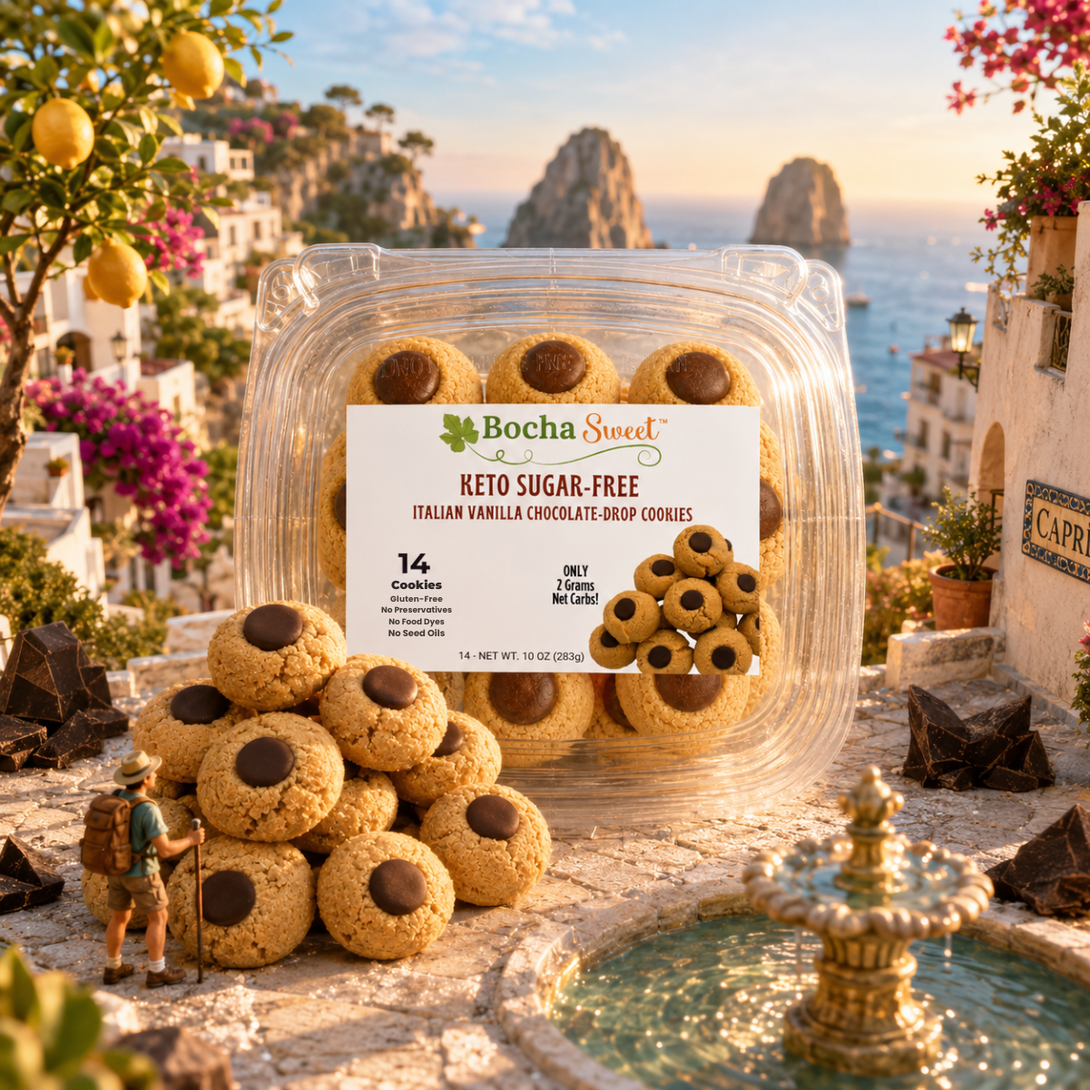 Italian Vanilla-Chocolate Drop cookies in Capri overlooking the Mediterranean sea.