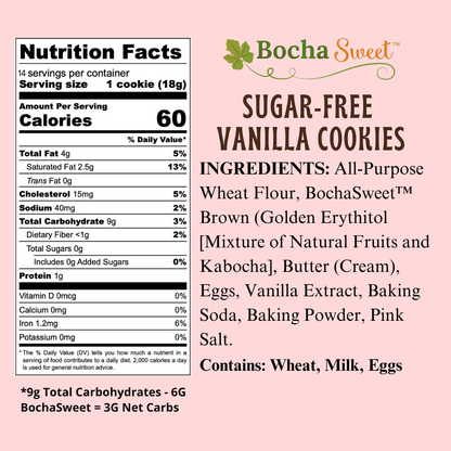 Nutrition facts and ingredients label for BochaSweet sugar-free vanilla cookies on a pink background