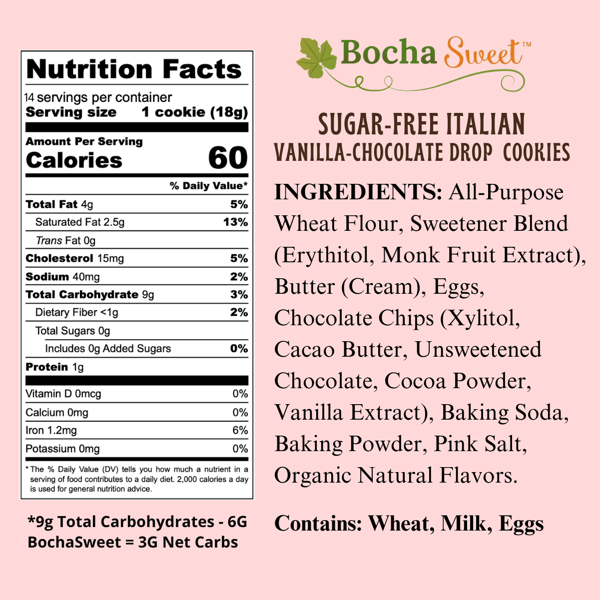 A product information card for Bocha Sweet Sugar-Free Italian Vanilla-Chocolate Drop Cookies on a light pink background, showing a Nutrition Facts label and the ingredients list.