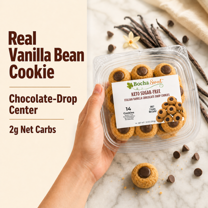 A hand holds a clear plastic container of Bocha Sweet Keto Sugar-Free Italian Vanilla Chocolate Drop Cookies on a marble surface with vanilla beans, chocolate chips, and text reading 'Real Vanilla Bean Cookie' and 'Chocolate-Drop Center 2g Net Carbs'.