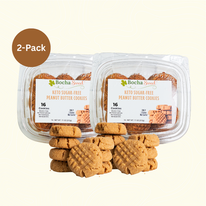 Two packages of Bocha Sweet keto sugar-free peanut butter cookies on a white background