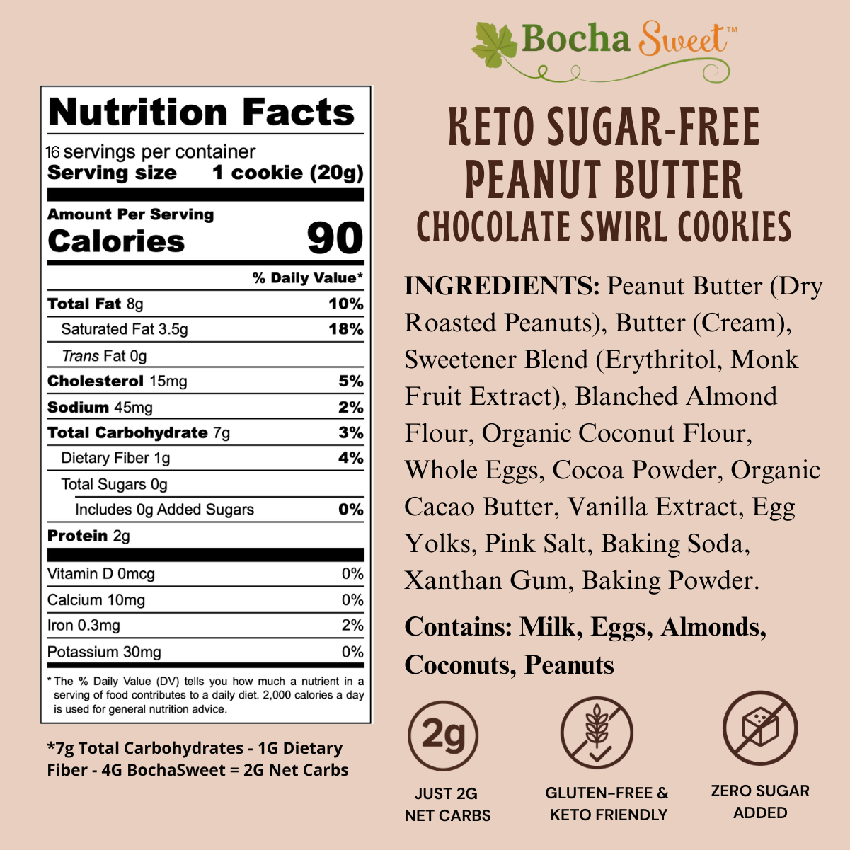 Bocha Sweet Keto Sugar-Free Peanut Butter Chocolate Swirl Cookies nutrition facts label and ingredients list on a split beige and white background.