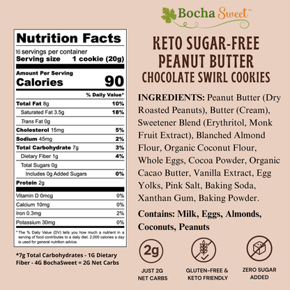 Bocha Sweet Keto Sugar-Free Peanut Butter Chocolate Swirl Cookies nutrition facts label and ingredients list on a split beige and white background.