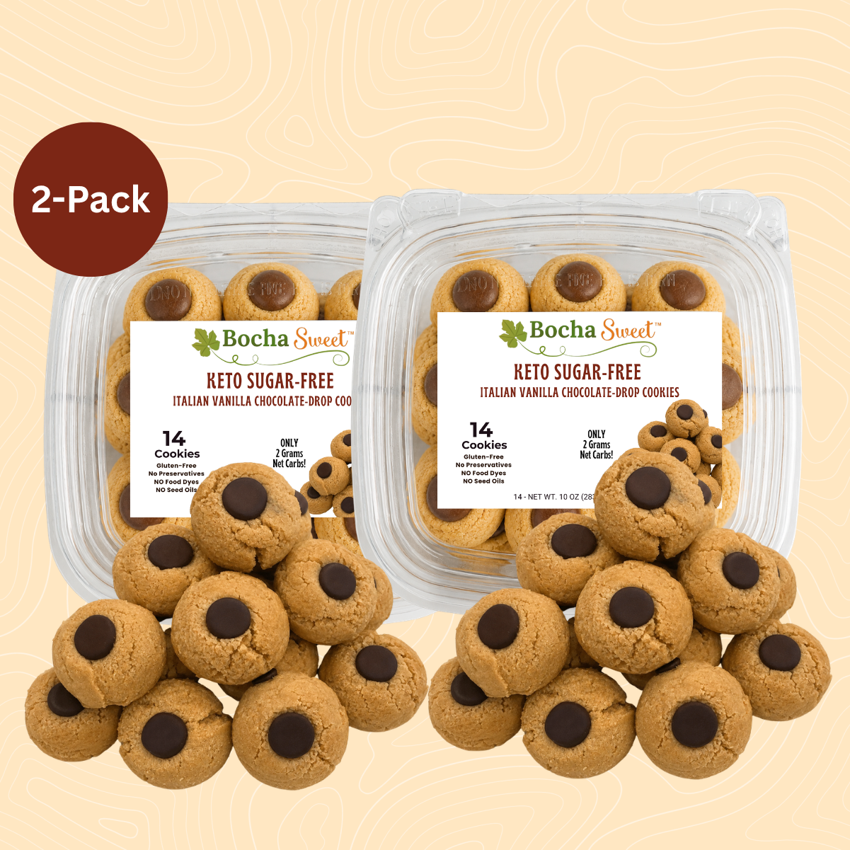 Two clear plastic packages of Bocha Sweet Keto Sugar-Free Italian Vanilla Chocolate Drop Cookies with several cookies displayed in front on a light beige patterned background. A brown circular badge in the top left reads '2-Pack'.