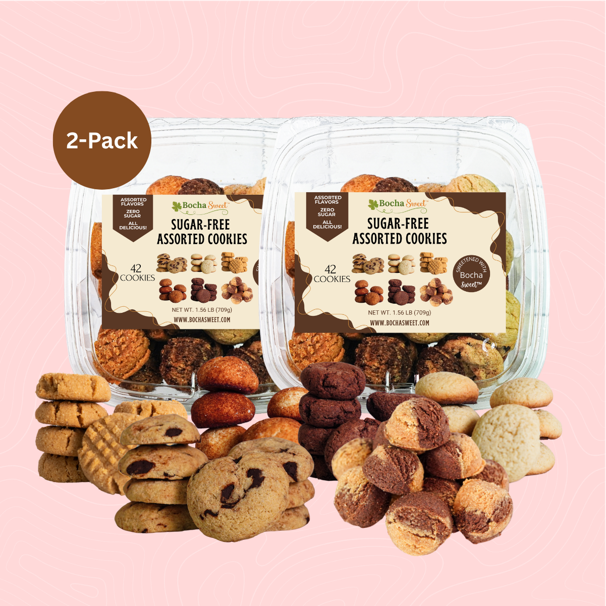 Two packages of sugar-free assorted cookies with cookies displayed in front on a pink background.