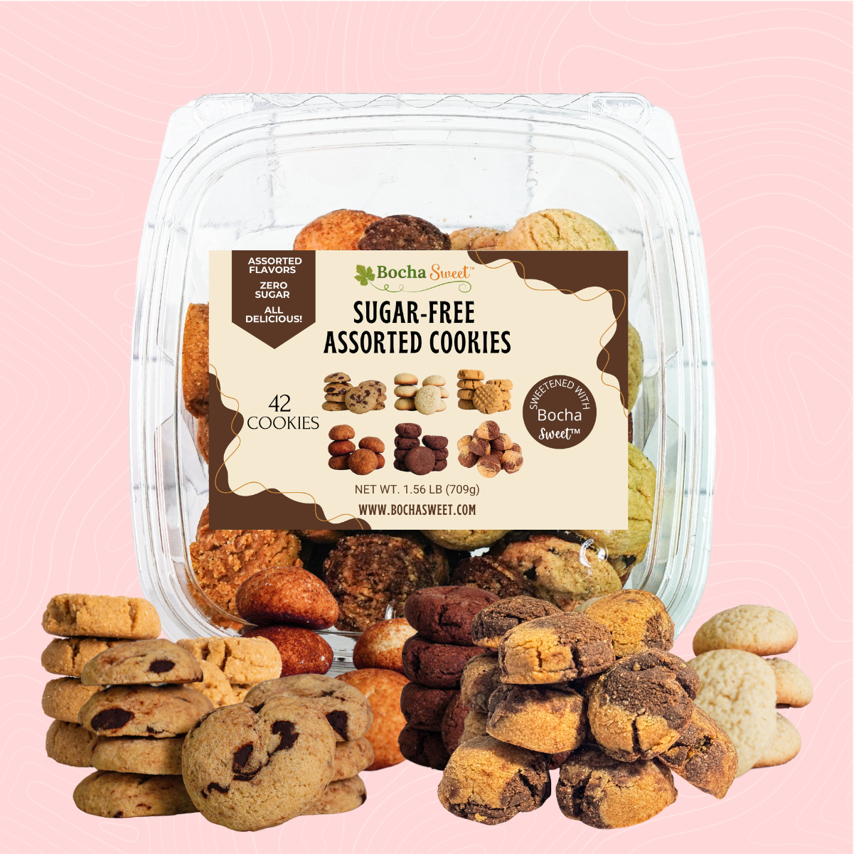 Packaged sugar-free assorted cookies with a pink background