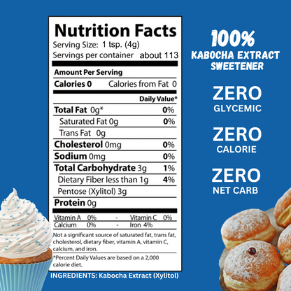 BochaSweet powdered sugar replacement nutrition facts with zero calories, zero glycemic, zero net carbs, made from 100% kabocha extract