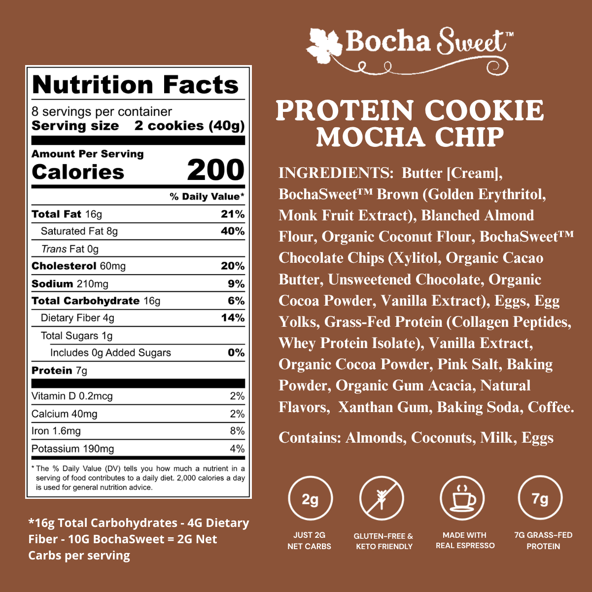 Nutrition facts and ingredients label for Bocha Sweet Protein Cookie Mocha Chip on a brown background